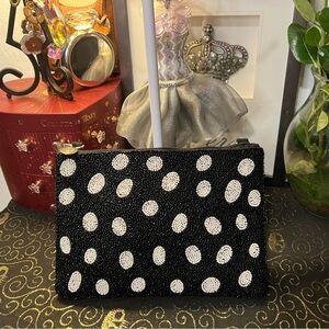 America & Beyond Black and White Polka Dot Beaded & Velour Clutch Crossbody